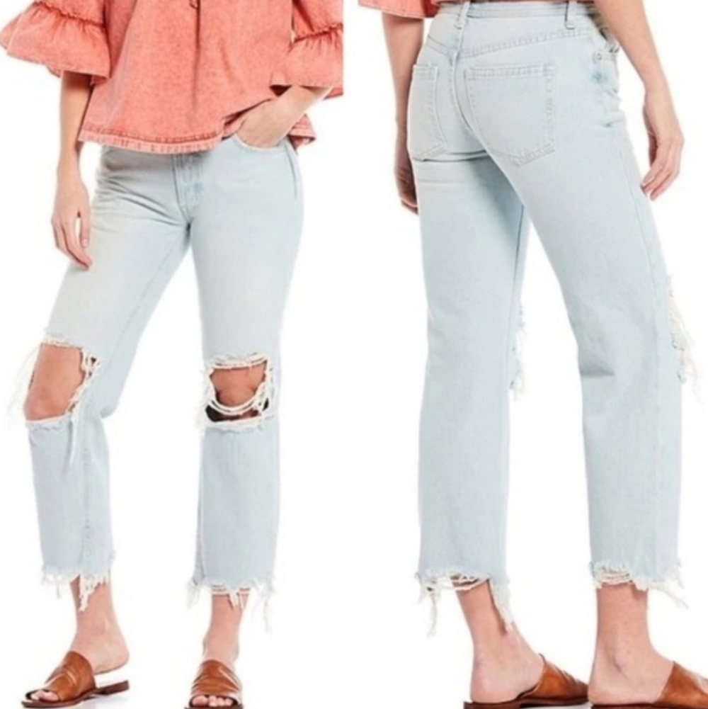 We The Free People Maggie Ripped Distressed Light Blue Button Front Jeans 28